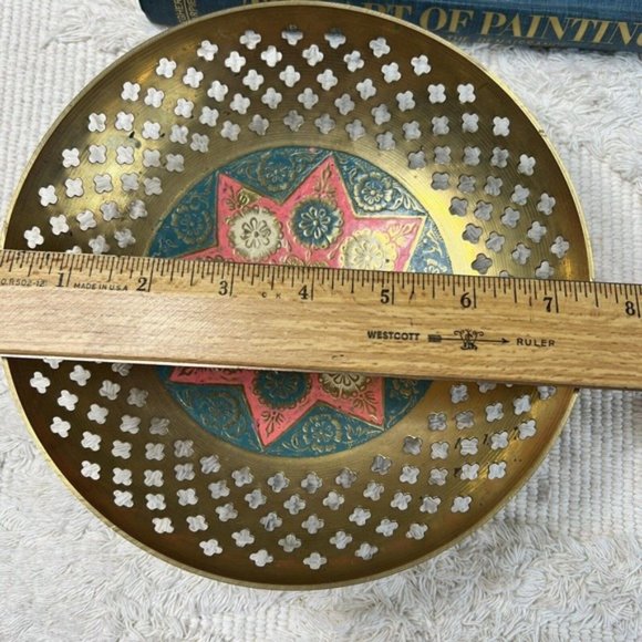 Vintage Cut Out Pierced Brass Bowl Enamel Boho Patina Distressed Made India - Picture 11 of 12